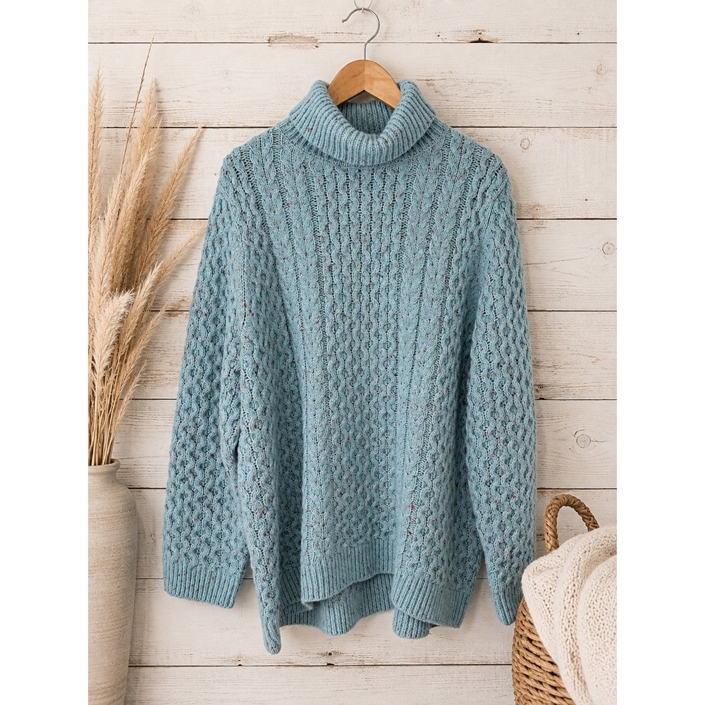 Lands' End Turtleneck Sweater Womens 2X Blue Cable Knit Wool Chunky Heritage